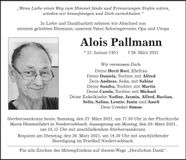 Traueranzeige Alois Pallmann
