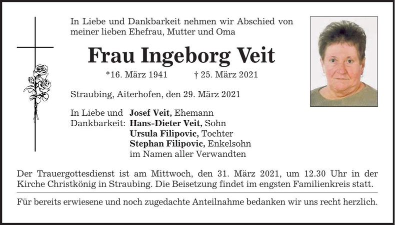 Traueranzeige Ingeborg Veit