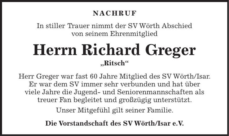 Traueranzeige Richard Greger