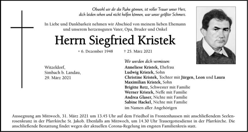 Traueranzeige Siegfried Kristek