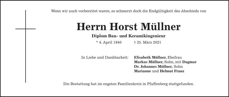 Traueranzeige Horst Müllner