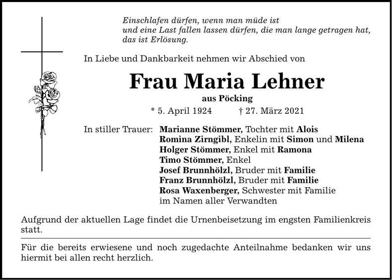Traueranzeige Maria Lehner