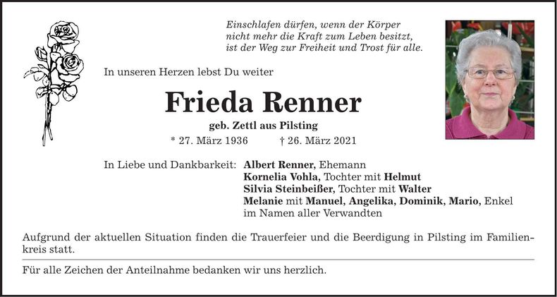 Traueranzeige Frieda Renner