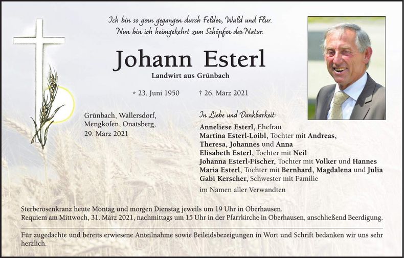 Traueranzeige Johann Esterl
