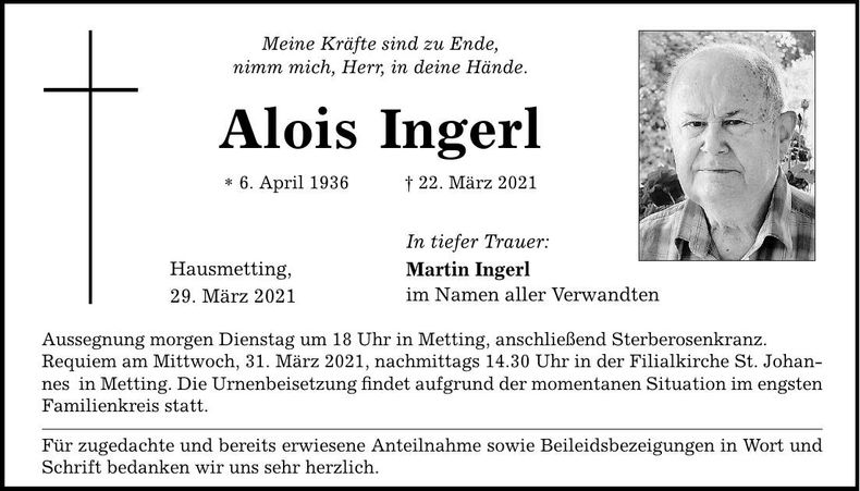 Traueranzeige Alois Ingerl