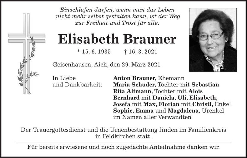 Traueranzeige Elisabeth Brauner