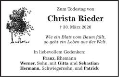 Traueranzeige Christa Rieder
