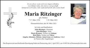 Traueranzeige Maria Ritzinger