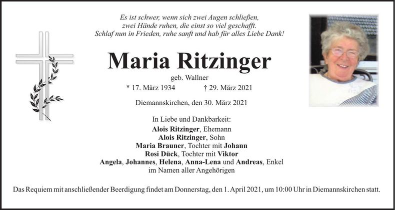 Traueranzeige Maria Ritzinger