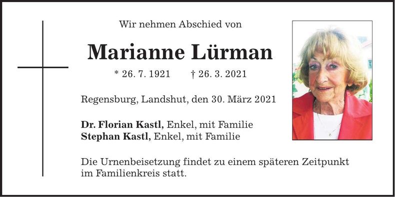 Traueranzeige Marianne Lürman