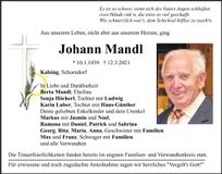 Traueranzeige Johann Mandl