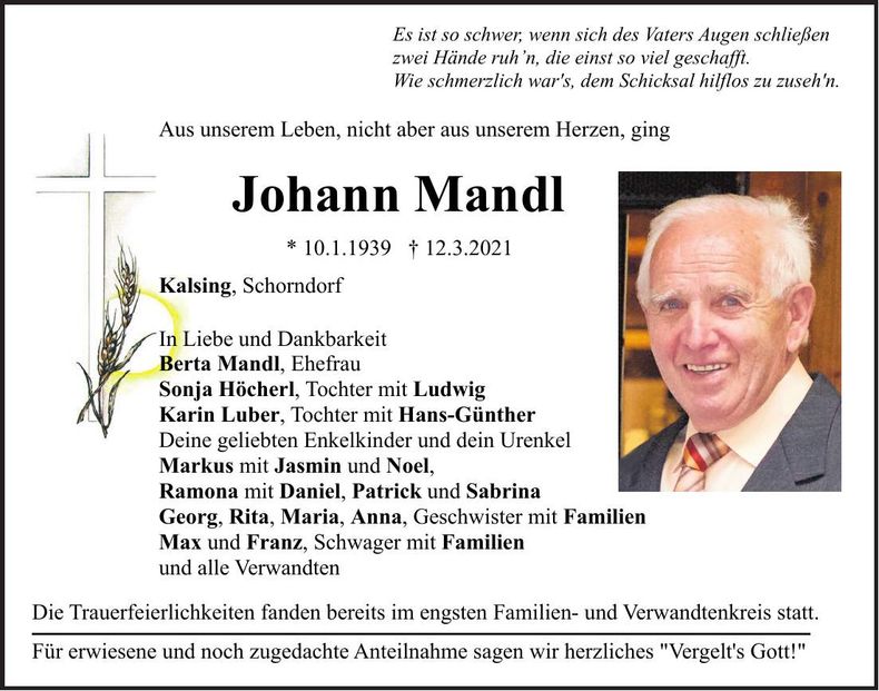 Traueranzeige Johann Mandl
