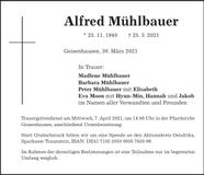 Traueranzeige Alfred Mühlbauer