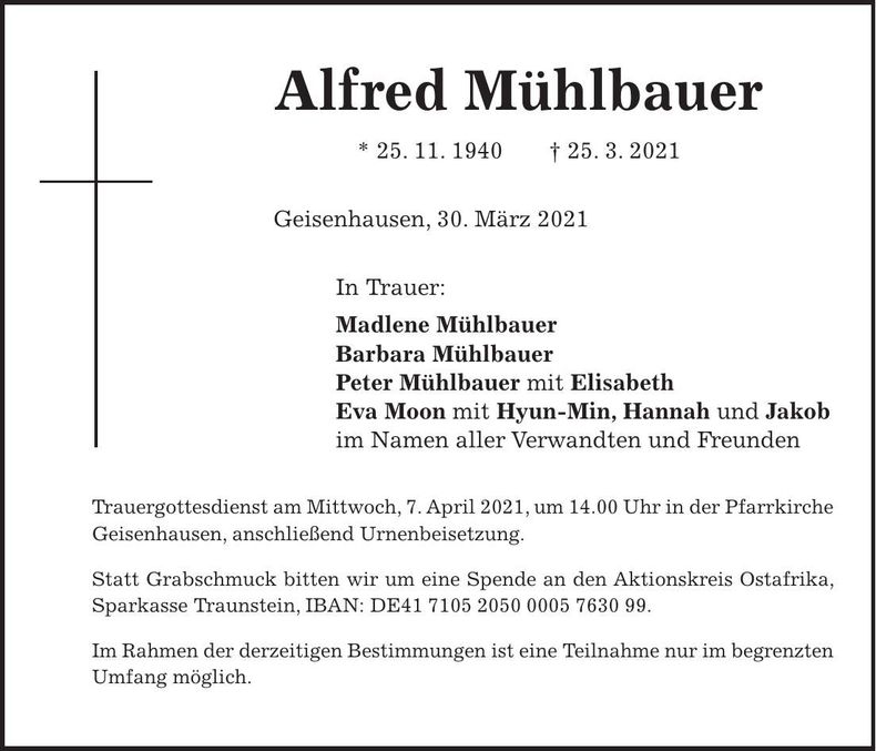 Traueranzeige Alfred Mühlbauer