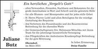 Traueranzeige Juliane Butz