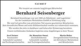 Traueranzeige Bernhard Seisenberger