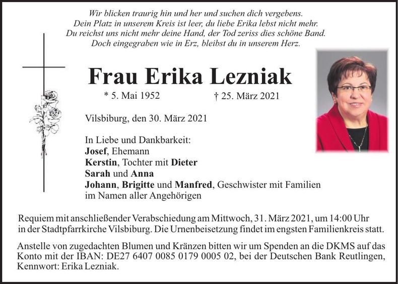 Traueranzeige Erika Lezniak