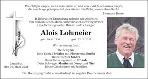 Traueranzeige Alois Lohmeier