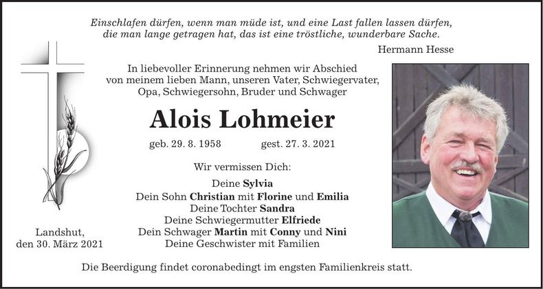 Traueranzeige Alois Lohmeier