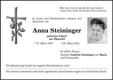 Traueranzeige Anna Steininger