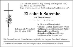 Traueranzeige Elisabeth Sarembe