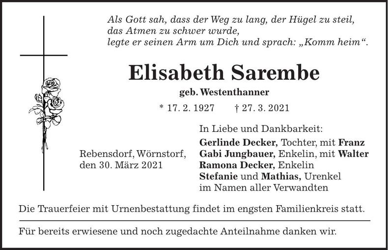 Traueranzeige Elisabeth Sarembe