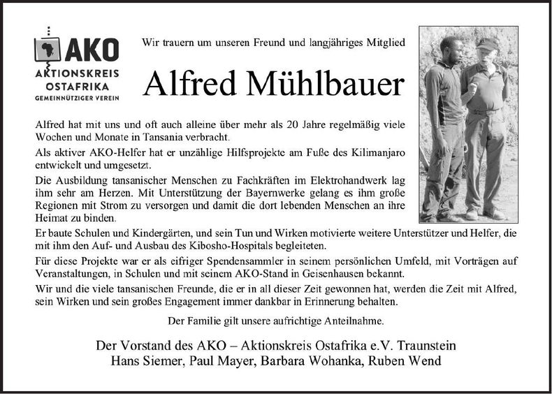 Traueranzeige Alfred Mühlbauer