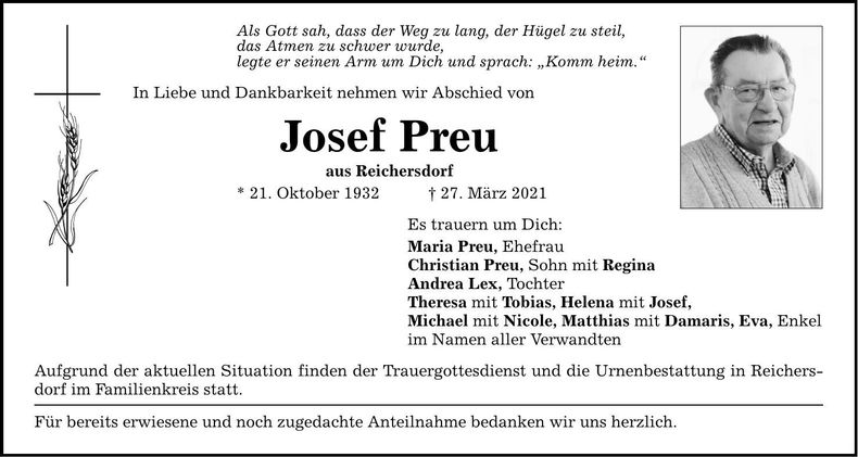 Traueranzeige Josef Preu