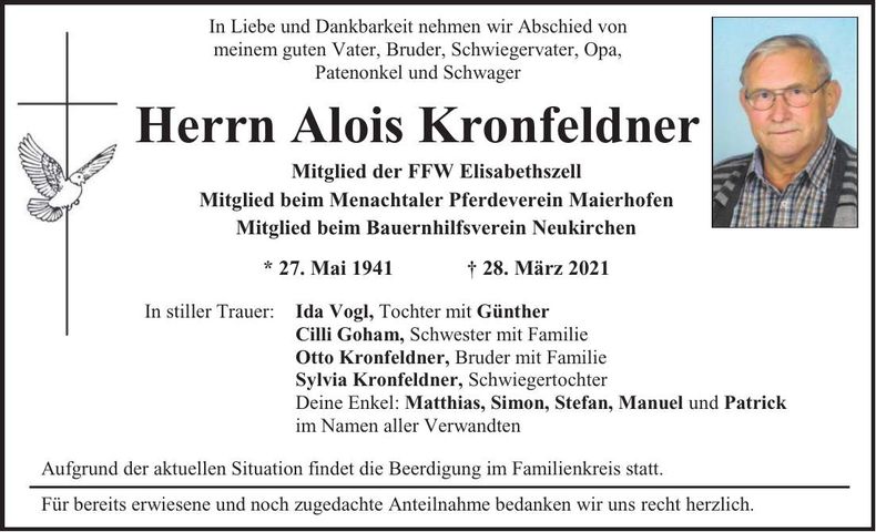 Traueranzeige Alois Kronfeldner