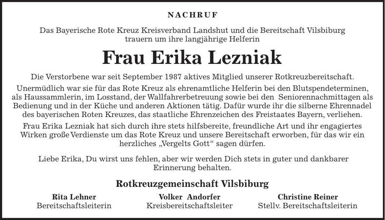 Traueranzeige Erika Lezniak