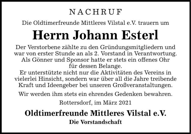 Traueranzeige Johann Esterl