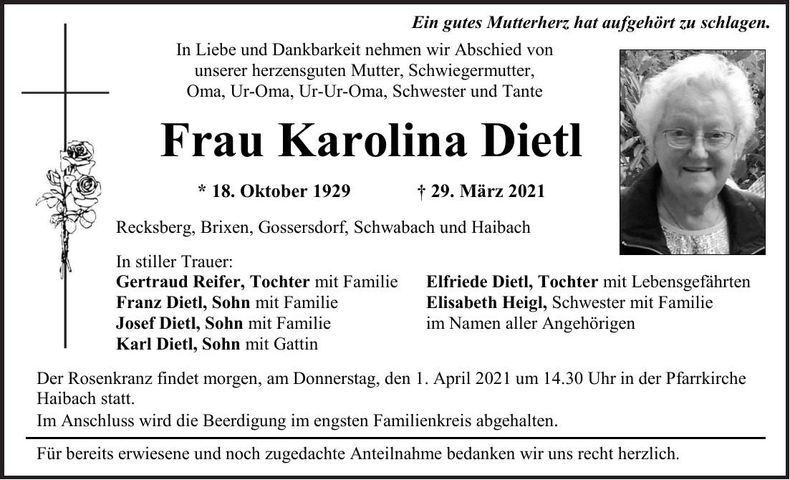 Traueranzeige Karolina Dietl