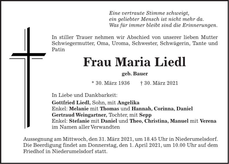 Traueranzeige Maria Liedl