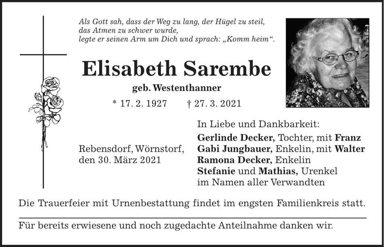 Traueranzeige Elisabeth Sarembe