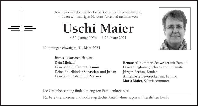Traueranzeige Uschi Maier