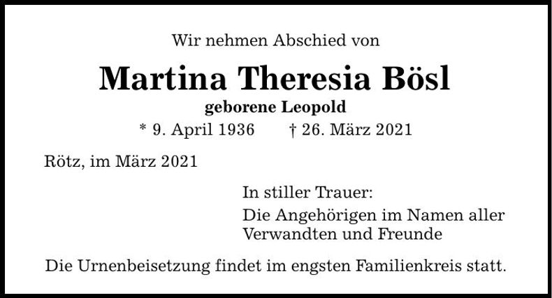 Traueranzeige Martina Theresia Bösl