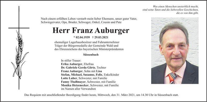 Traueranzeige Franz Auburger