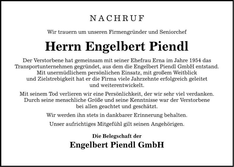 Traueranzeige Engelbert Piendl