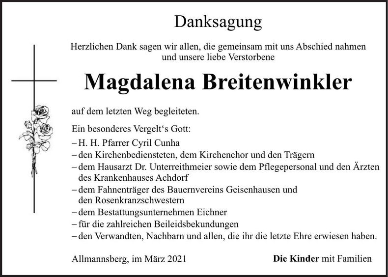 Traueranzeige Magdalena Breitenwinkler