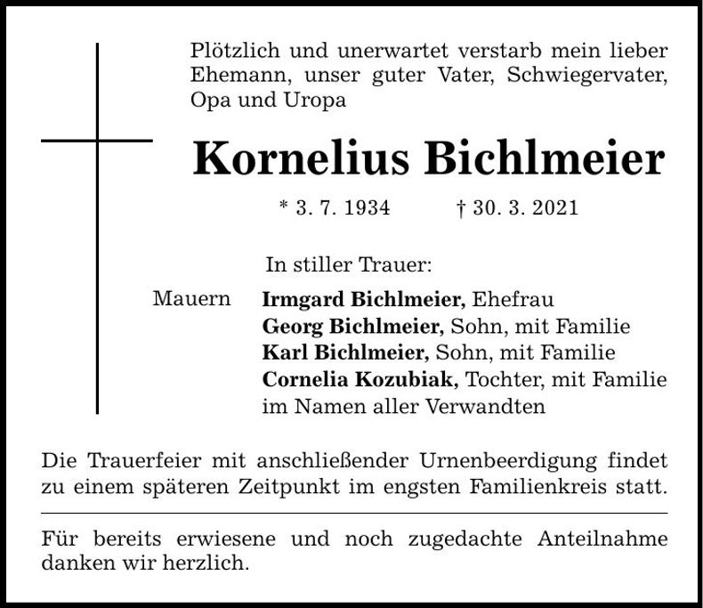 Traueranzeige Kornelius Bichlmeier