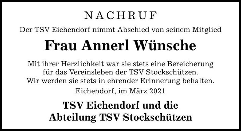 Traueranzeige Annerl Wünsche