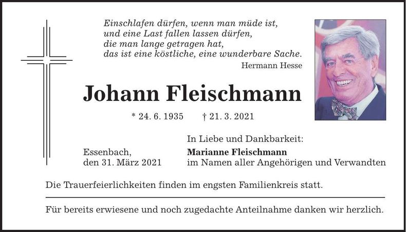 Traueranzeige Johann Fleischmann