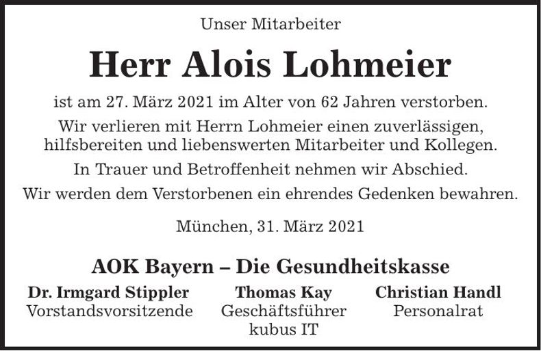 Traueranzeige Alois Lohmeier
