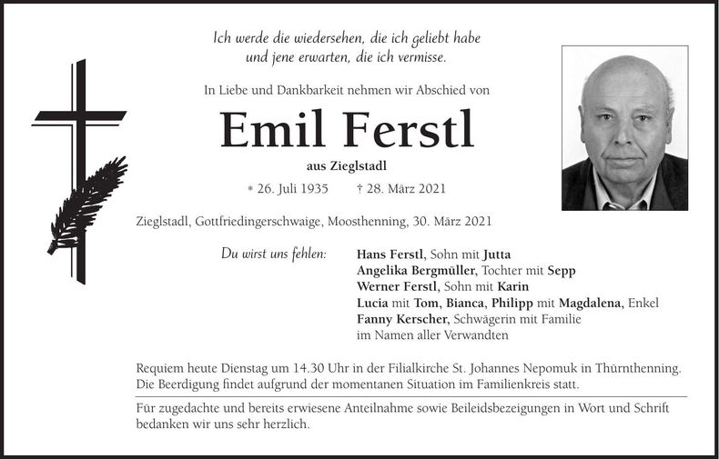 Traueranzeige Emil Ferstl