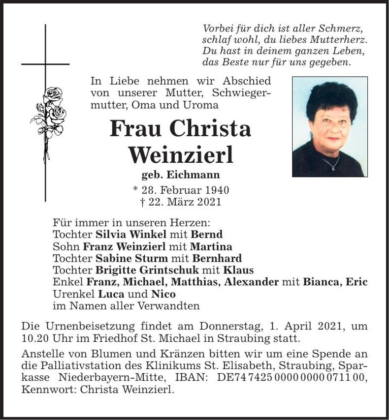 Traueranzeige Christa Weinzierl