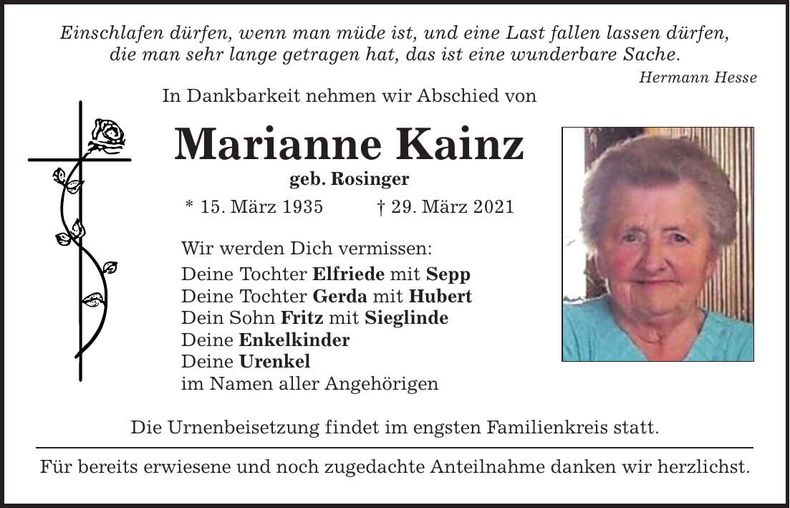 Traueranzeige Marianne Kainz