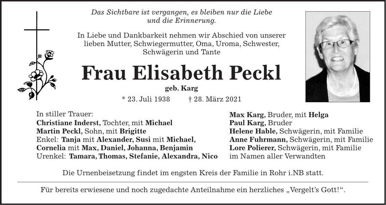 Traueranzeige Elisabeth Peckl