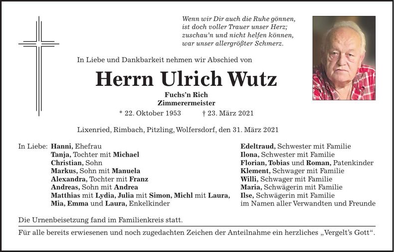 Traueranzeige Ulrich Wutz