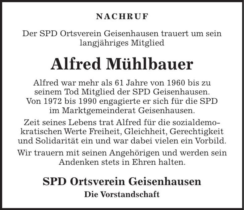 Traueranzeige Alfred Mühlbauer