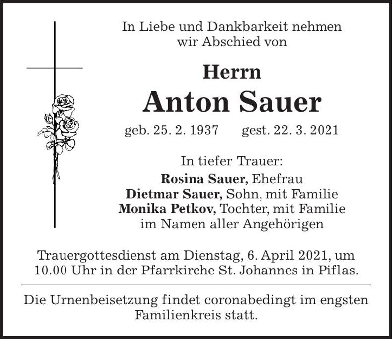 Traueranzeige Anton Sauer